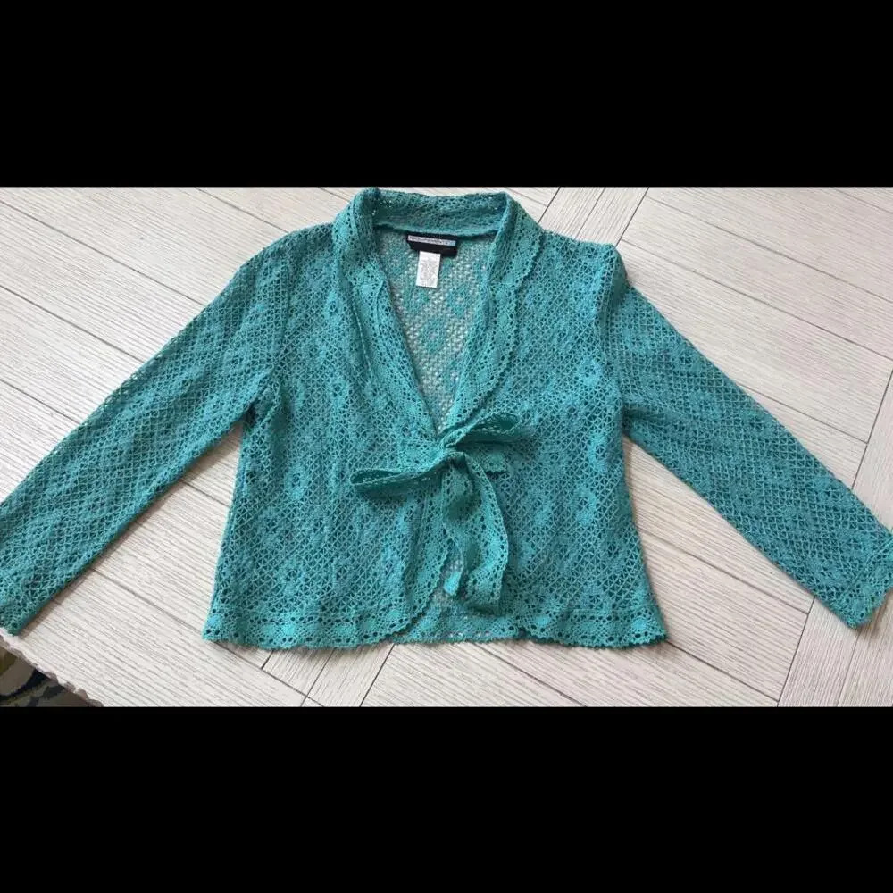 Requirements Turquoise‎ open crochet tie front crop sweater Boho Western Sz M